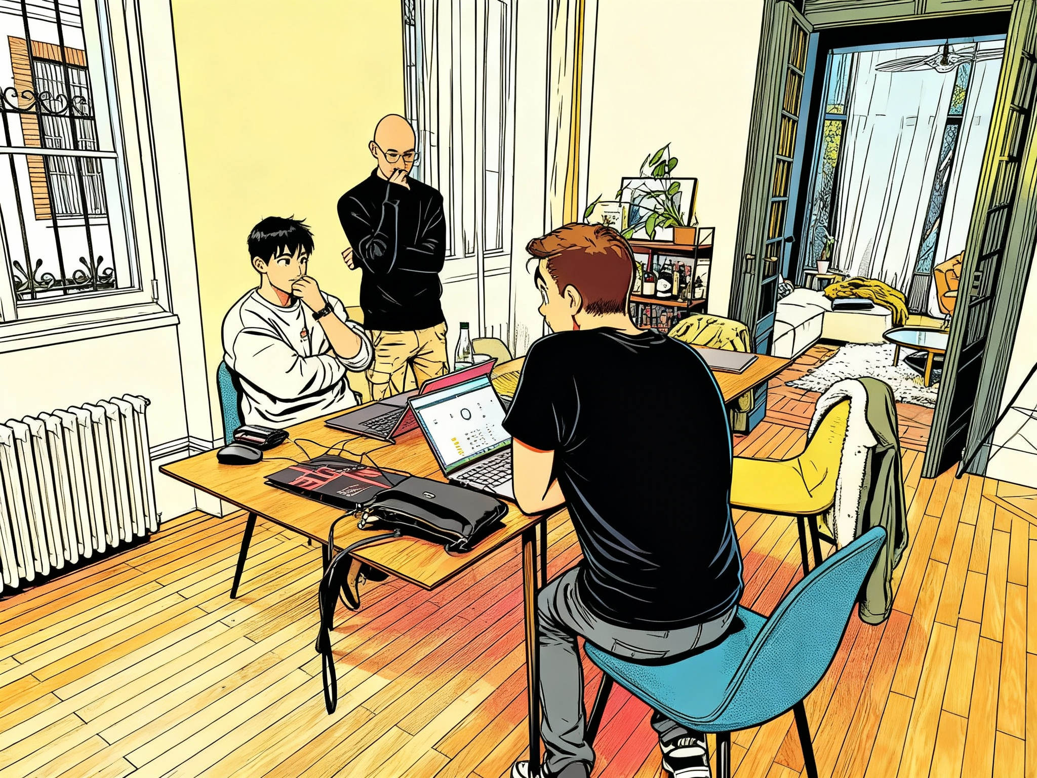 Two men chatting and smiling in a casual workspace